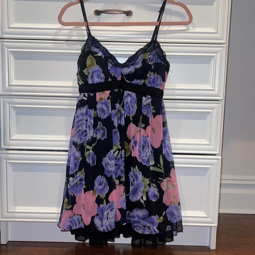 Purple and pink flower printed flowy dress! Lace on front!